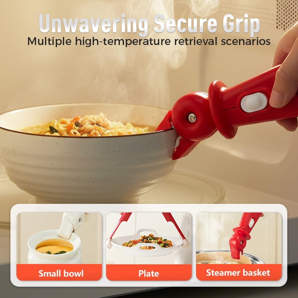 3 Pcs Hot Plate Grippers, Upgraded Bowl Gripper for Kitchen, Multi-Purpose Non-Slip Gripper Tongs for Microwave, Oven, Air Fryer, Steamer, Pots & Bowls Red
