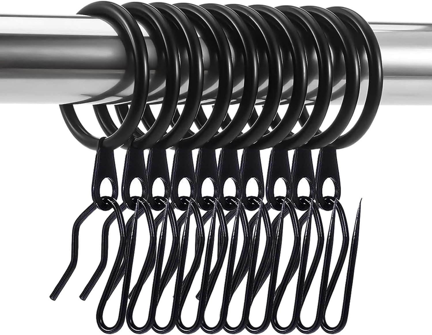 60 Pieces Metal Drapery Curtain Rings Curtain Hanging Rings and 60 Pieces Metal Curtain Drapery Pin Hooks for Window Curtain, Door Curtain and Shower Curtain Black