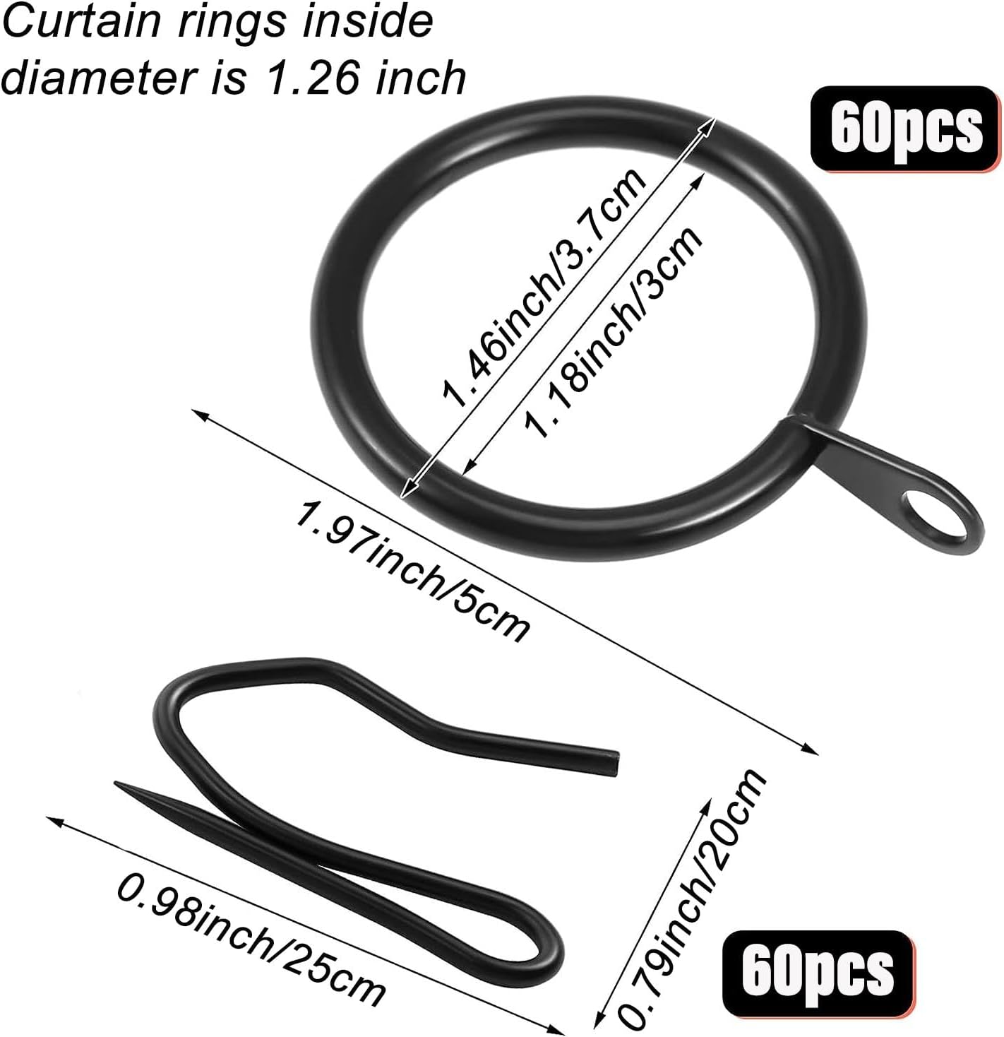 60 Pieces Metal Drapery Curtain Rings Curtain Hanging Rings and 60 Pieces Metal Curtain Drapery Pin Hooks for Window Curtain, Door Curtain and Shower Curtain Black