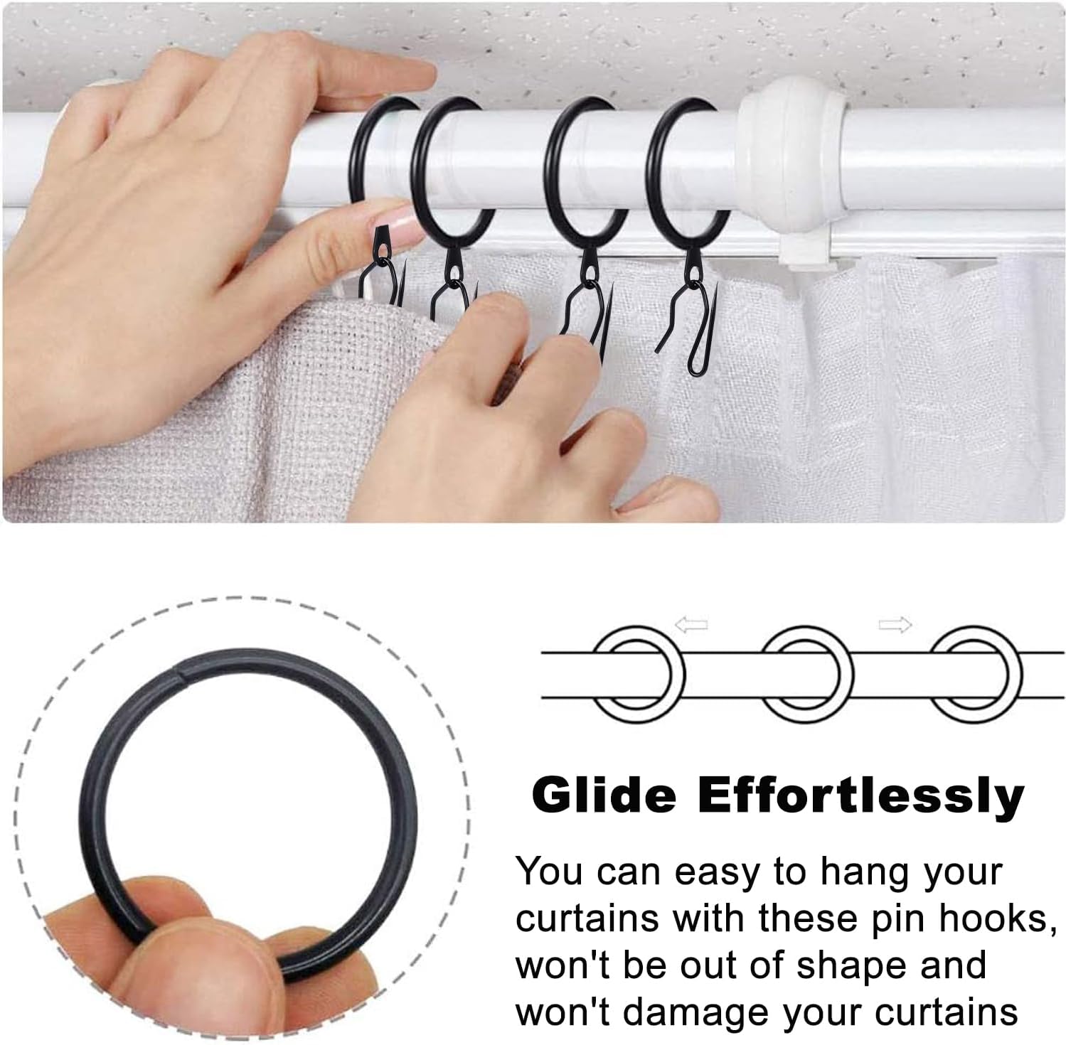 60 Pieces Metal Drapery Curtain Rings Curtain Hanging Rings and 60 Pieces Metal Curtain Drapery Pin Hooks for Window Curtain, Door Curtain and Shower Curtain Black