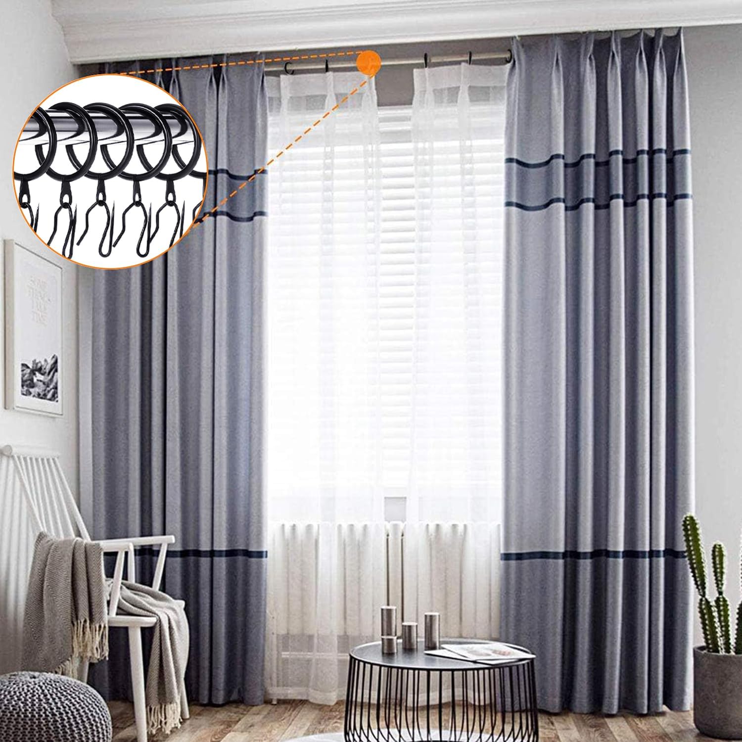 60 Pieces Metal Drapery Curtain Rings Curtain Hanging Rings and 60 Pieces Metal Curtain Drapery Pin Hooks for Window Curtain, Door Curtain and Shower Curtain Black