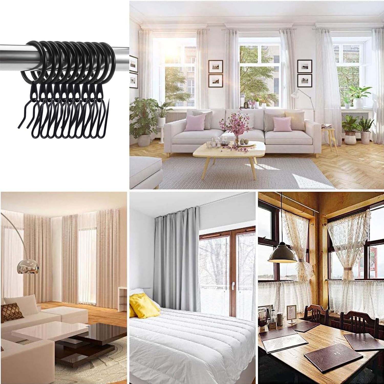 60 Pieces Metal Drapery Curtain Rings Curtain Hanging Rings and 60 Pieces Metal Curtain Drapery Pin Hooks for Window Curtain, Door Curtain and Shower Curtain Black