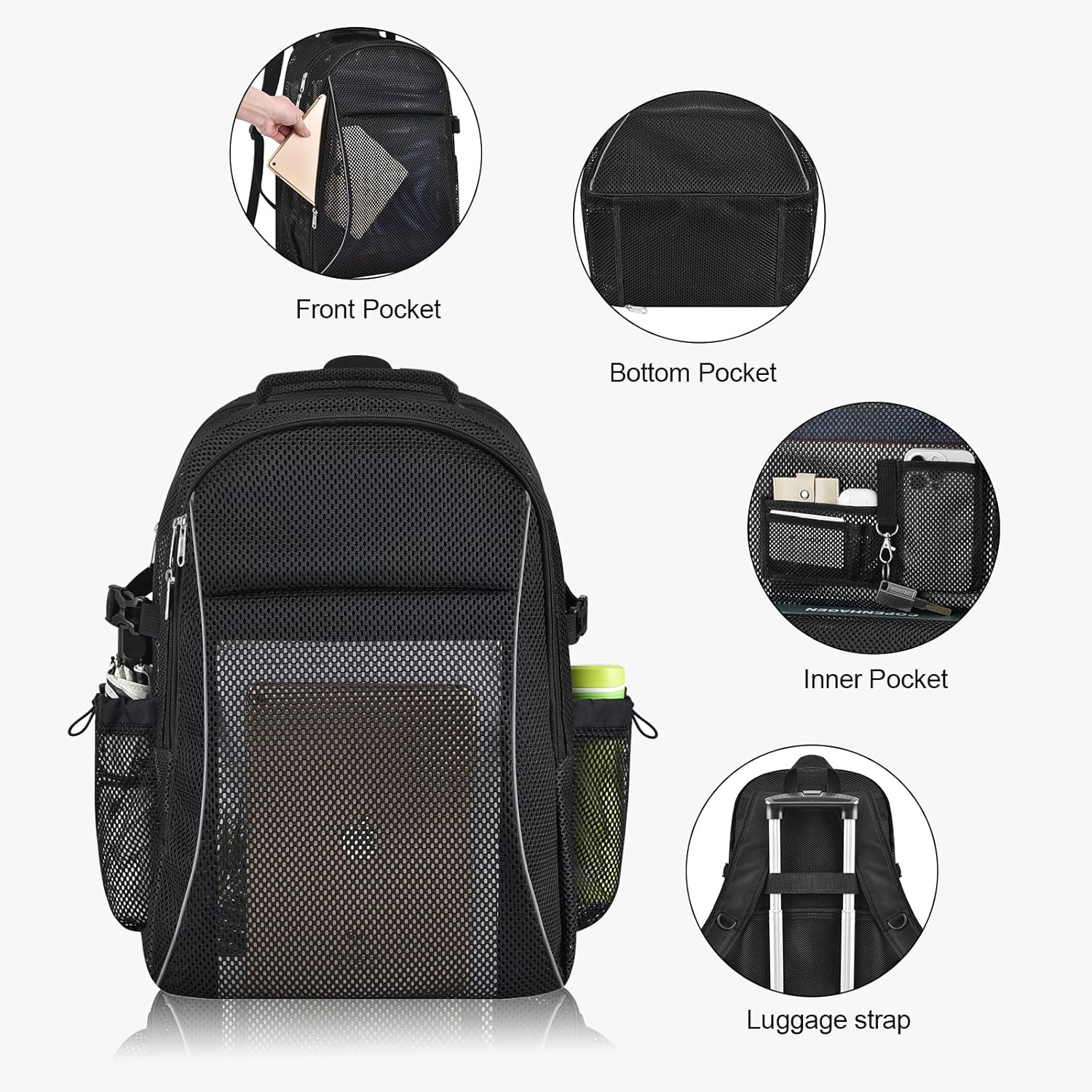 Heavy Duty X-Large Mesh Backpacks for Adults,Semi-Transparent college Backpacks with Rain cover for School, Beach, and Travel X-Large