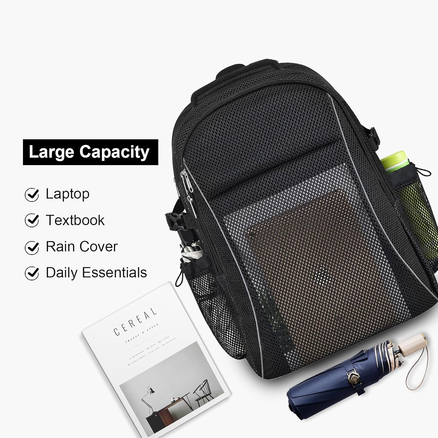 Heavy Duty X-Large Mesh Backpacks for Adults,Semi-Transparent college Backpacks with Rain cover for School, Beach, and Travel X-Large