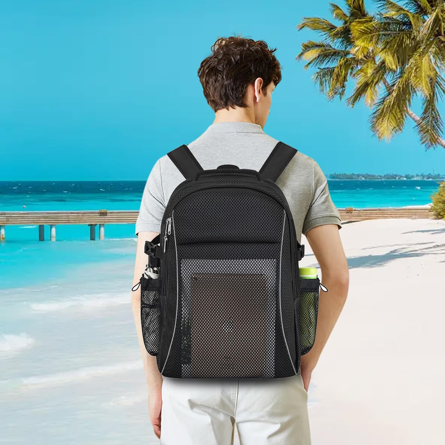 Heavy Duty X-Large Mesh Backpacks for Adults,Semi-Transparent college Backpacks with Rain cover for School, Beach, and Travel X-Large
