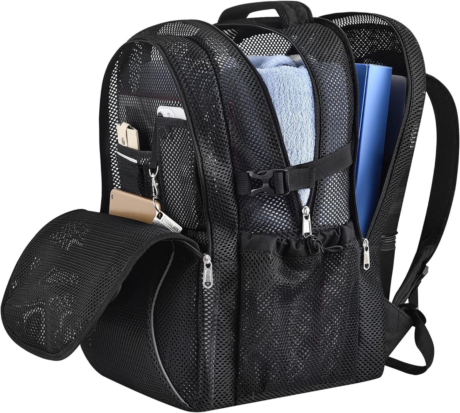 Heavy Duty X-Large Mesh Backpacks for Adults,Semi-Transparent college Backpacks with Rain cover for School, Beach, and Travel X-Large
