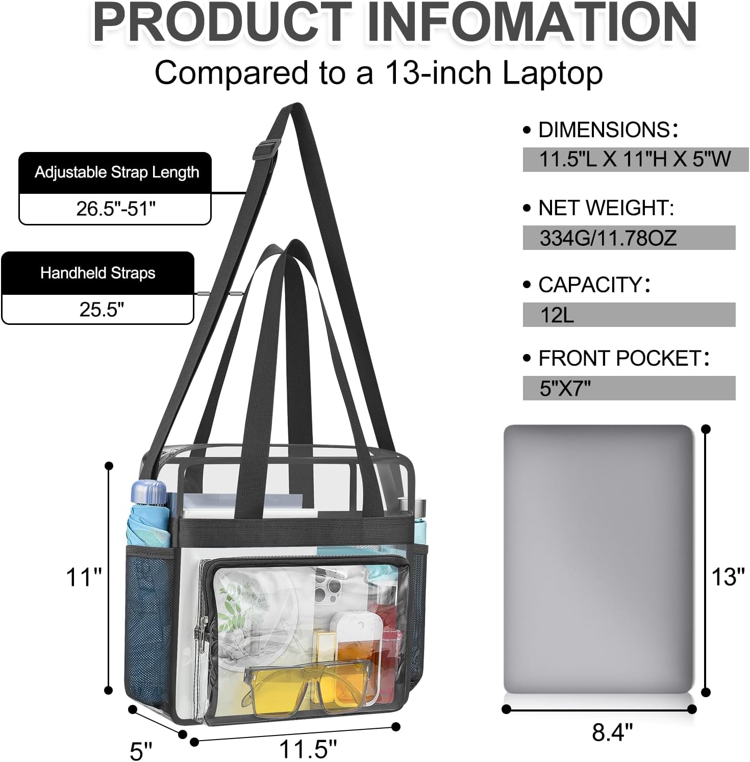 Clear Bag for Stadium Events, 12x6x12 Transparent Stadium Messenger Bag for Concerts, Work, Sports Games, Gym