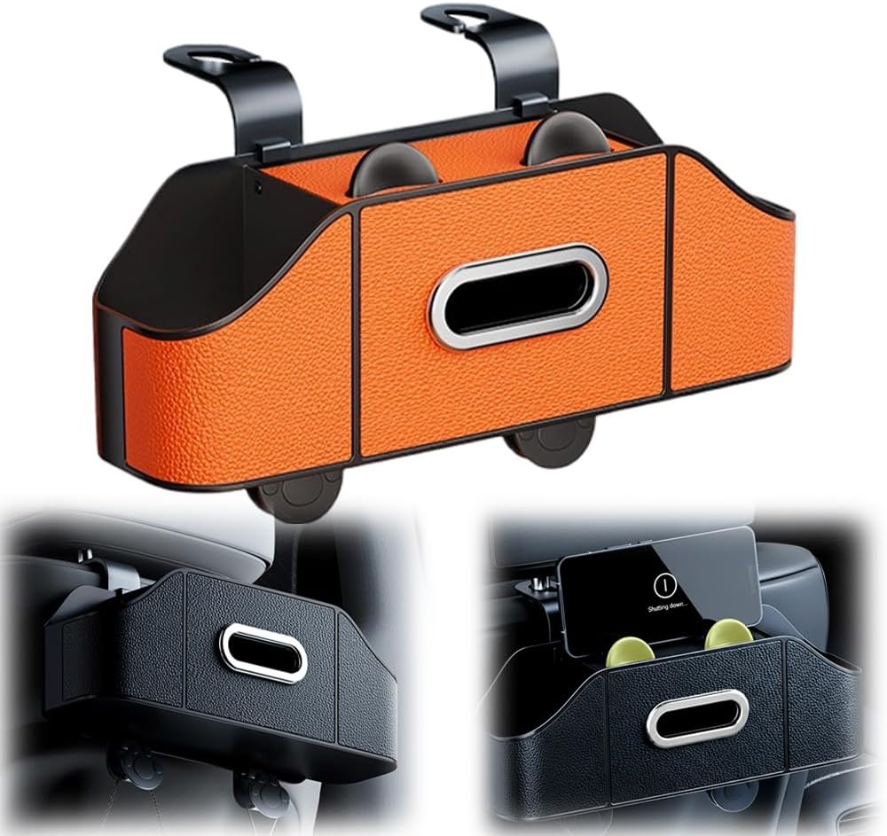 Multifunctional Car Back Seat Storage Organize with Tissue Holder, 2 Cup Holders and Purse Hooks, For Phones, Snacks, Drinks, Bags, Travel Storage Orange