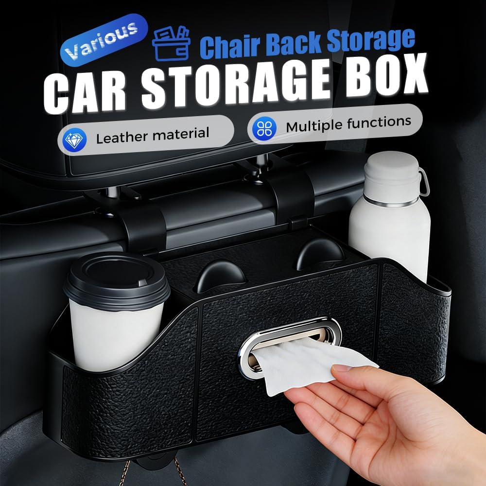 Multifunctional Car Back Seat Storage Organize with Tissue Holder, 2 Cup Holders and Purse Hooks, For Phones, Snacks, Drinks, Bags, Travel Storage Orange