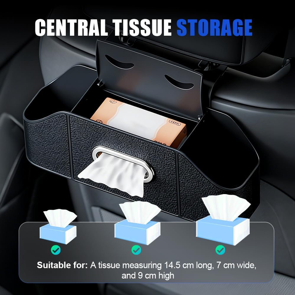 Multifunctional Car Back Seat Storage Organize with Tissue Holder, 2 Cup Holders and Purse Hooks, For Phones, Snacks, Drinks, Bags, Travel Storage Orange