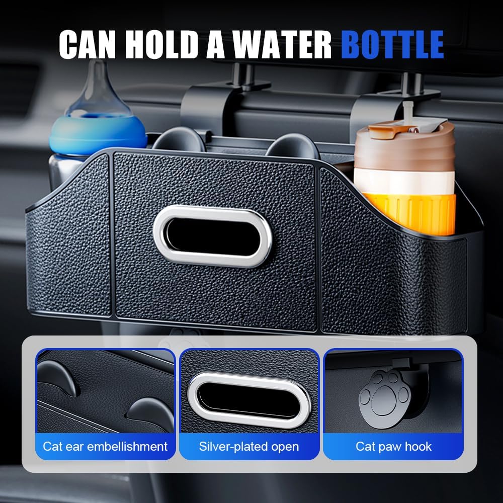 Multifunctional Car Back Seat Storage Organize with Tissue Holder, 2 Cup Holders and Purse Hooks, For Phones, Snacks, Drinks, Bags, Travel Storage Orange