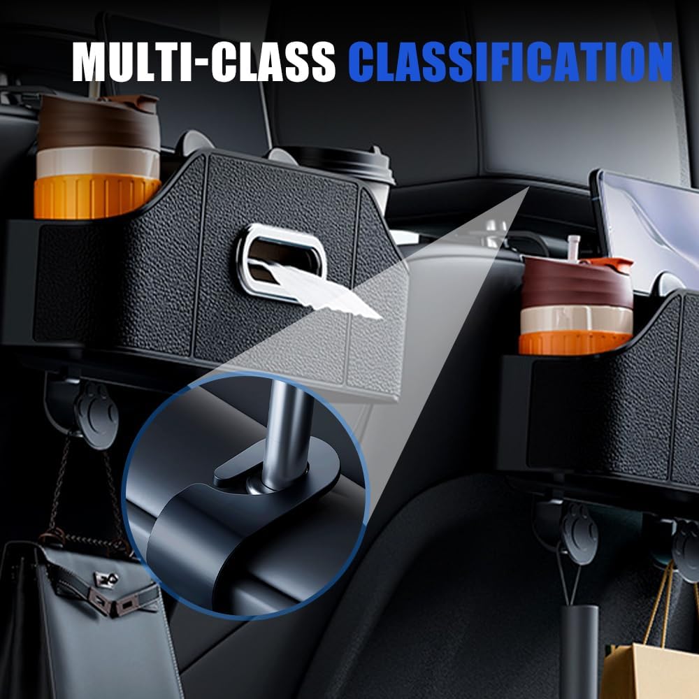 Multifunctional Car Back Seat Storage Organize with Tissue Holder, 2 Cup Holders and Purse Hooks, For Phones, Snacks, Drinks, Bags, Travel Storage Orange