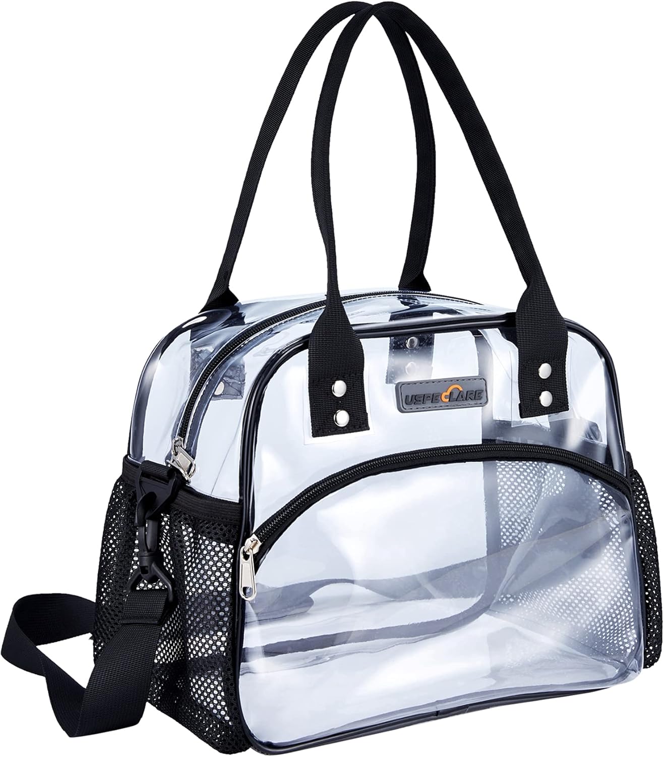 Clear Multi-purpose Tote Bag, Transparent Lunch Bag with Removable Bottom Board, Adjtable Shoulder Strap, Stadium Approved, 12 * 9.8 * 6 Inches, 4.97L, Clear PVC, Hand Wash