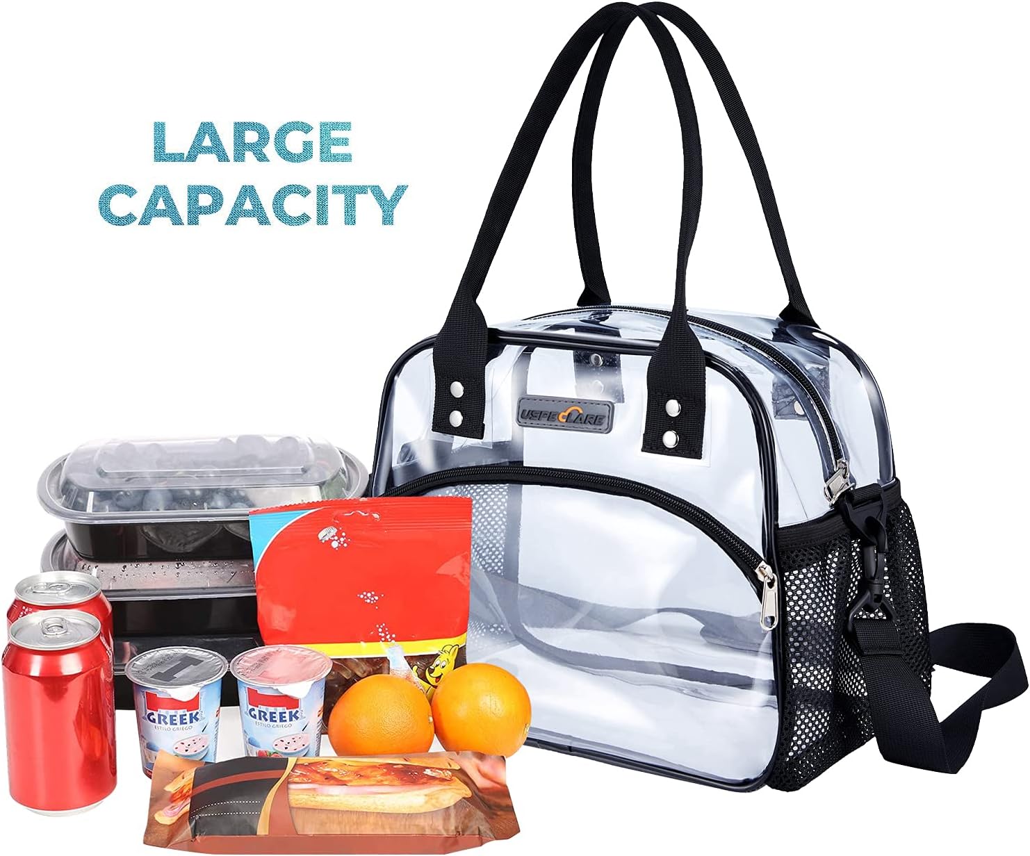 Clear Multi-purpose Tote Bag, Transparent Lunch Bag with Removable Bottom Board, Adjtable Shoulder Strap, Stadium Approved, 12 * 9.8 * 6 Inches, 4.97L, Clear PVC, Hand Wash