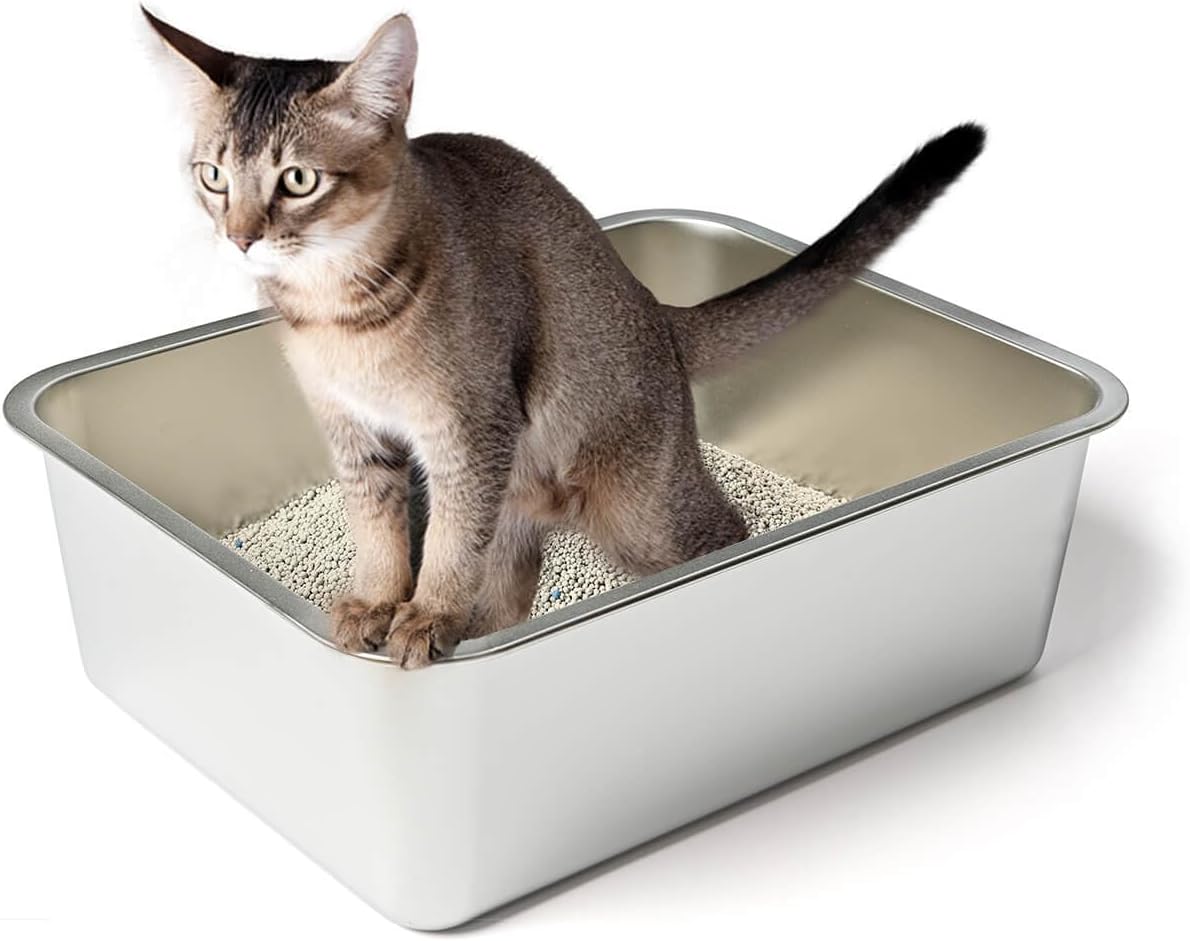 Stainless Steel Cat Litter Box, High Sides Kitten Toilet, Top Open Pet Tray, Non-Stick, Odorless, Rt-Resistant, Easy-Clean Pan, Silver Box 24x16x6 Inch