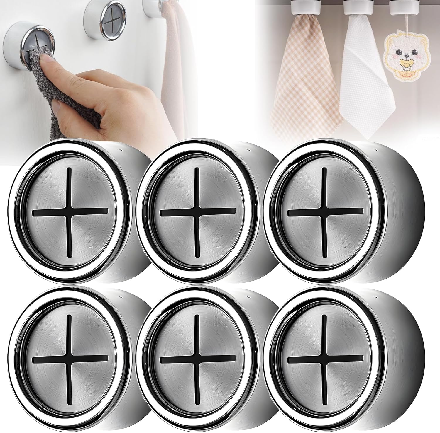 Creative Towel Hook with Premium Chrome Finish, 2025 New Round Adhesive Push Towel Hooks for Kitchen, Bathroom, Cabinet Chrome, 6pcs