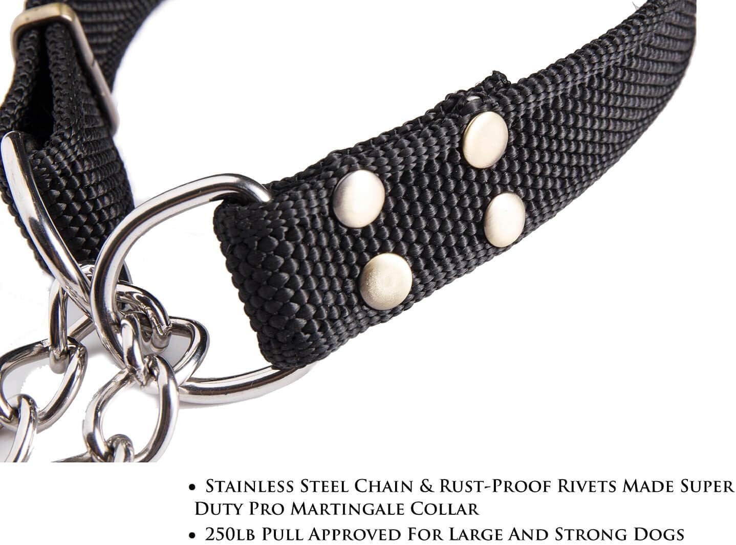 Stainless Steel Nylon Chain Martingale Collar Comfort Heavy Duty Large Dog Collar Escape Perfect for Training Walking Running and High Activities 250lb Pull Proved Large, Black
