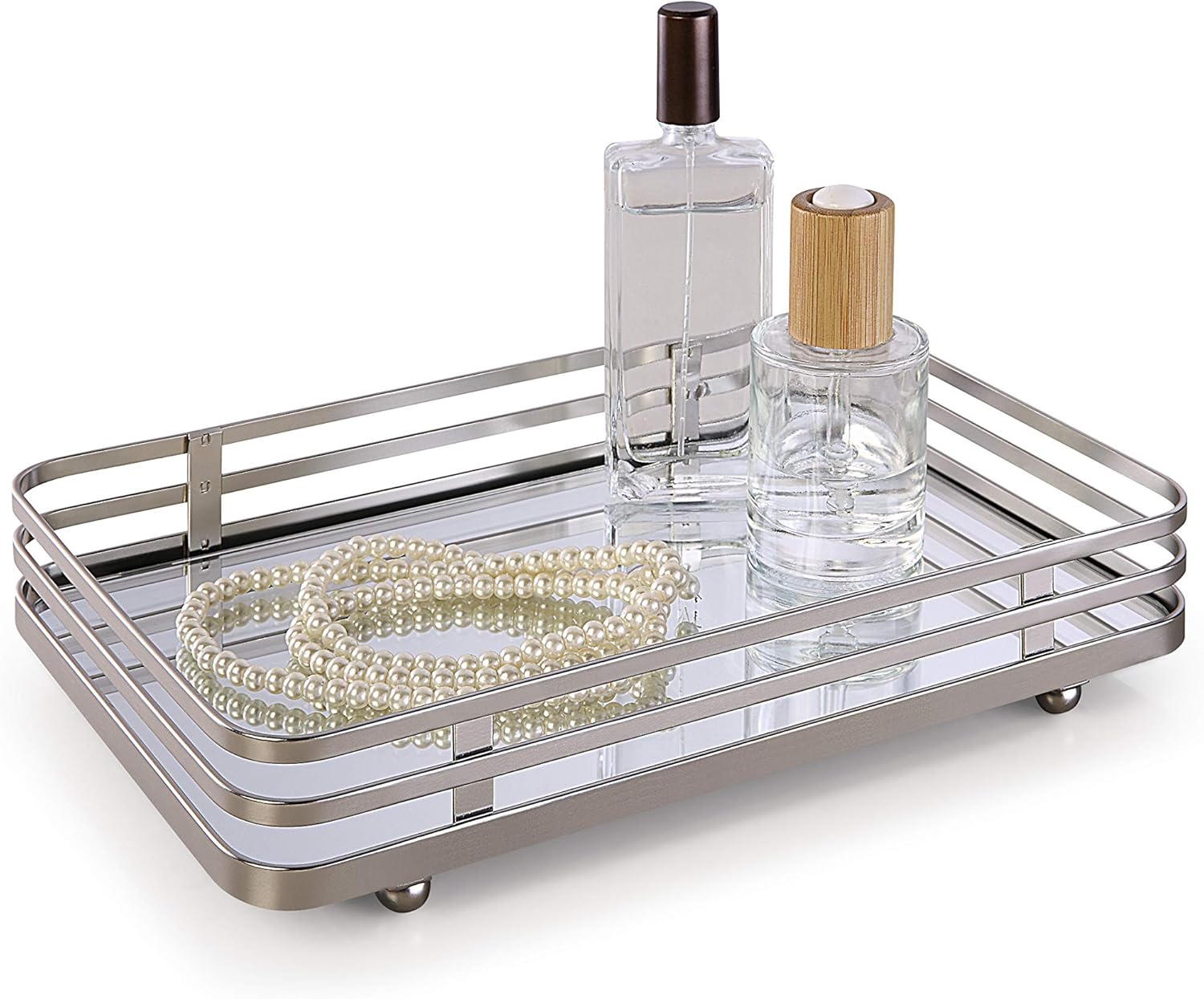 Classic Decorative Vanity Perfume Dresser Jewelry Organizer Makeup Mirror Tray Satin Nickel