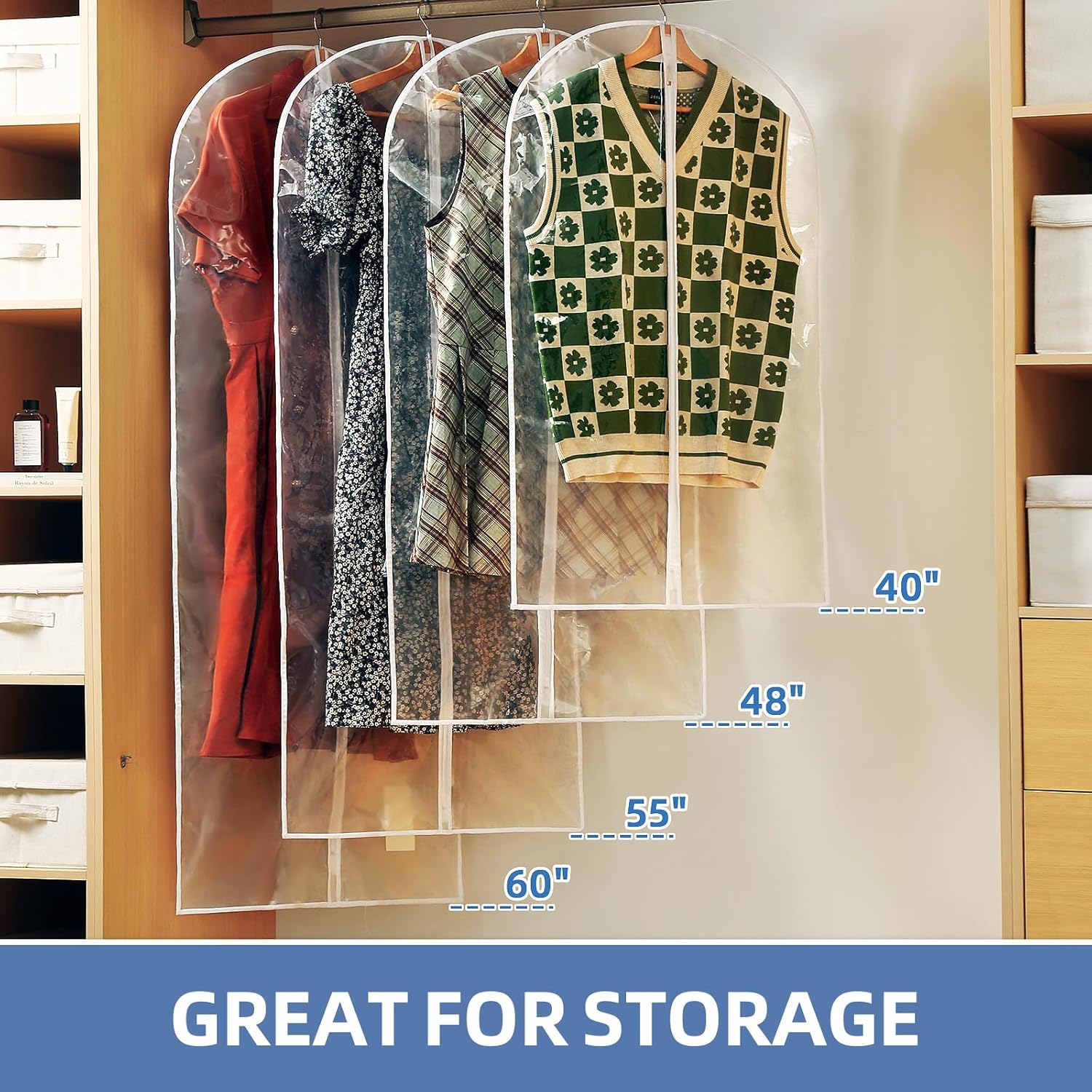 40" All Clear Garment Bags for Hanging Clothes, 12 Packs Suit Bags for Closet Storage, Plastic Waterproof Suit Cover Bags with Zipper for Coats, Jackets, Shirts Set of 12