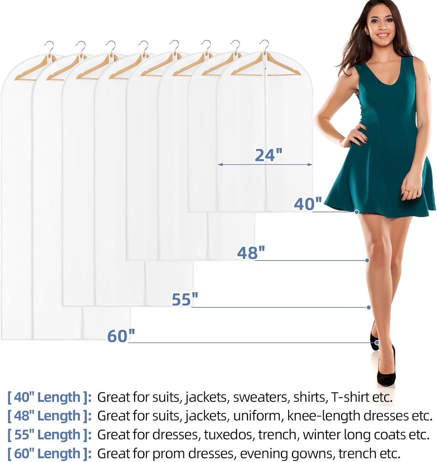 40" All Clear Garment Bags for Hanging Clothes, 12 Packs Suit Bags for Closet Storage, Plastic Waterproof Suit Cover Bags with Zipper for Coats, Jackets, Shirts Set of 12