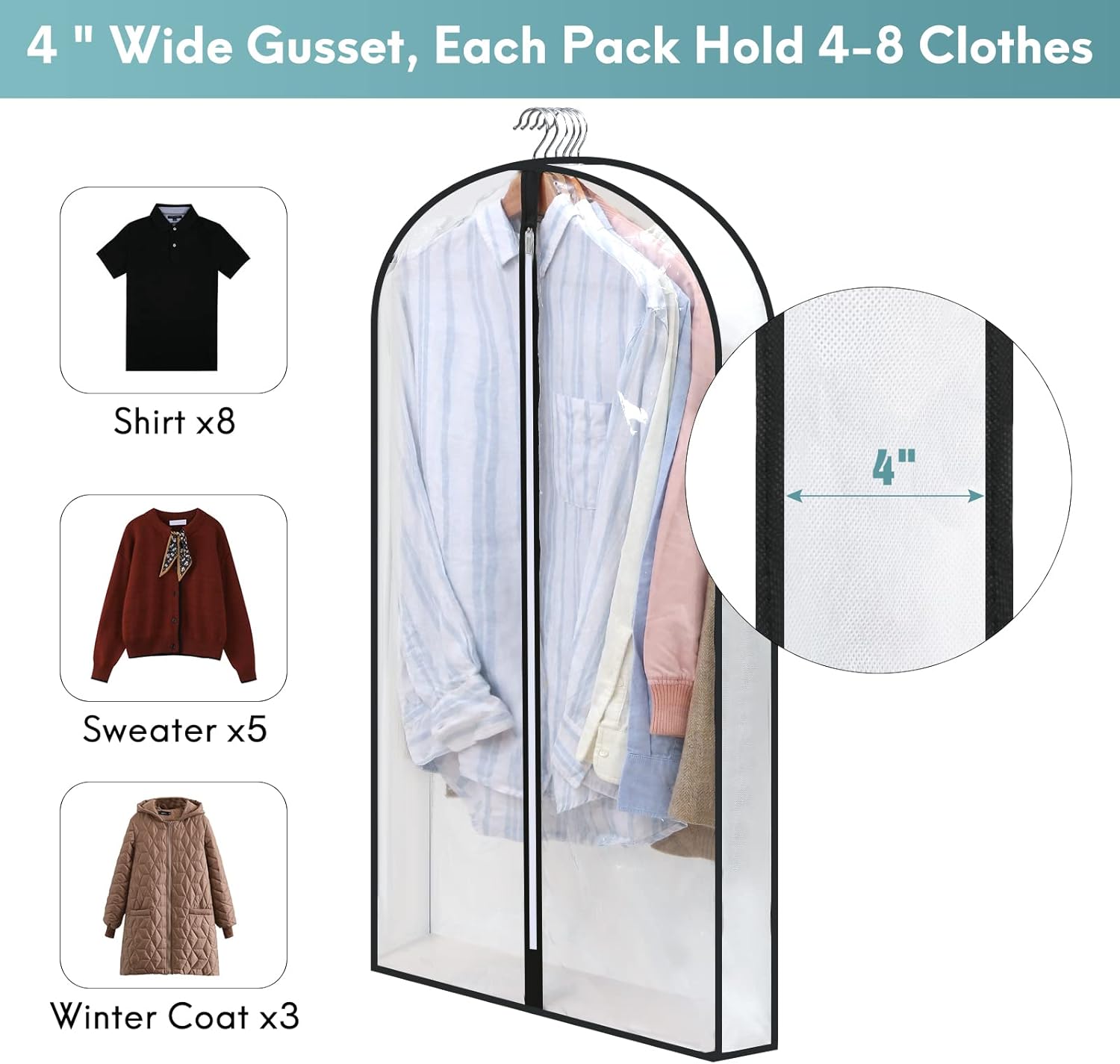 40" Clear Garment Bags for Hanging Clothes, 4" Gseted Suit Bags for Closet Storage, Hanging Clothes Storage Suit Cover Bags with Zipper for Coats, Jackets, Shirts, 4 Packs
