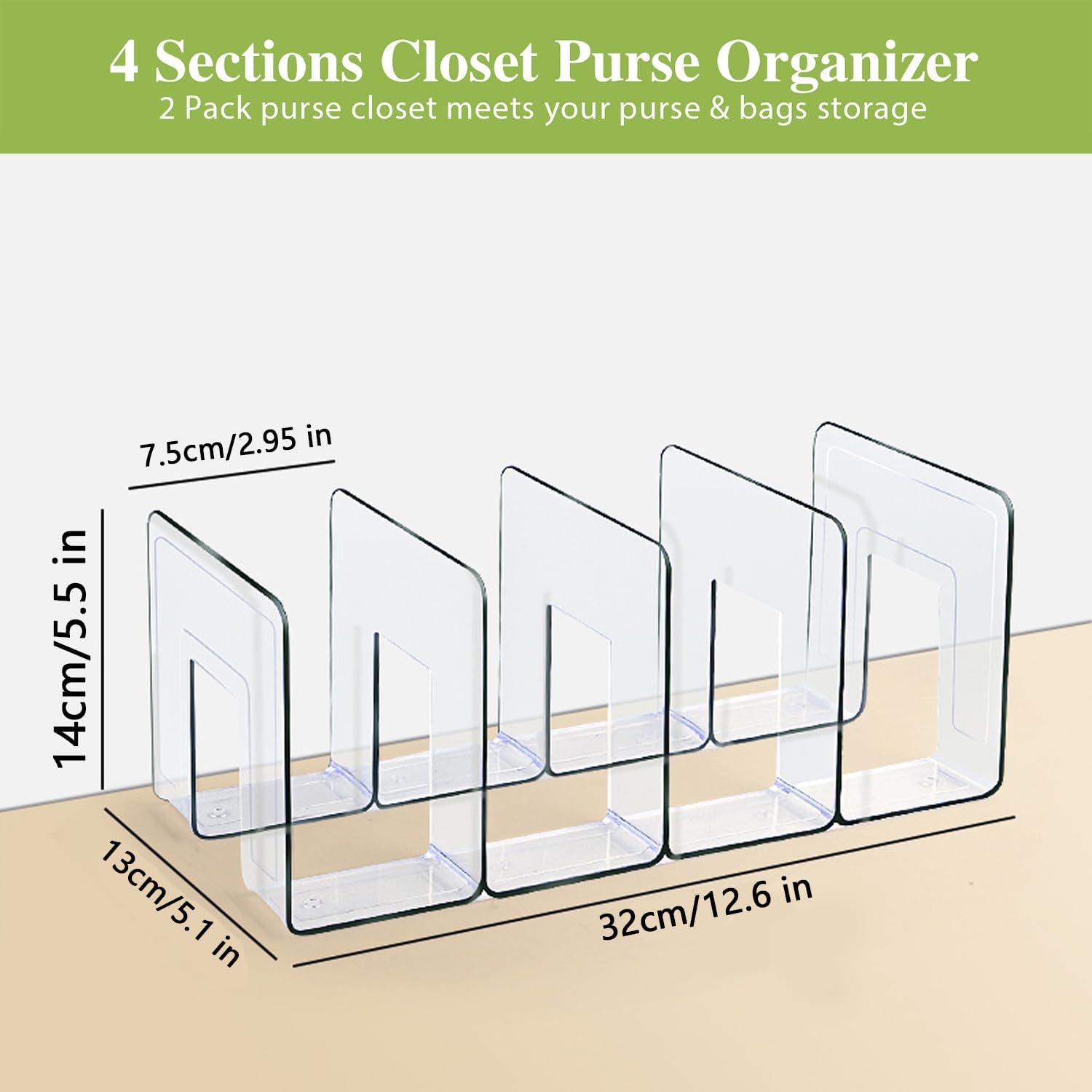 2 Pcs Acrylic Clear Purse Storage Organizers, 4 Sections Dividers in Bedroom Office bright