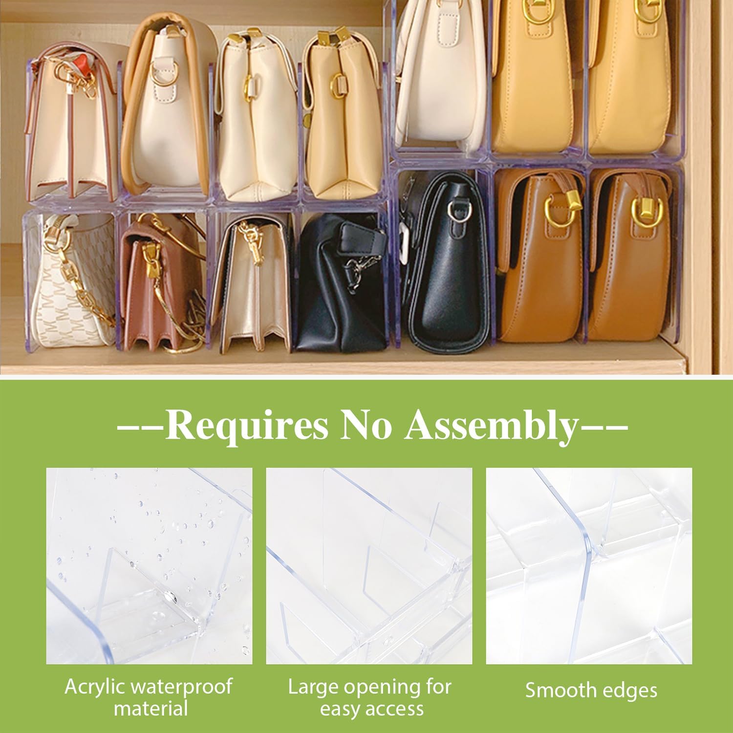 2 Pcs Acrylic Clear Purse Storage Organizers, 4 Sections Dividers in Bedroom Office bright