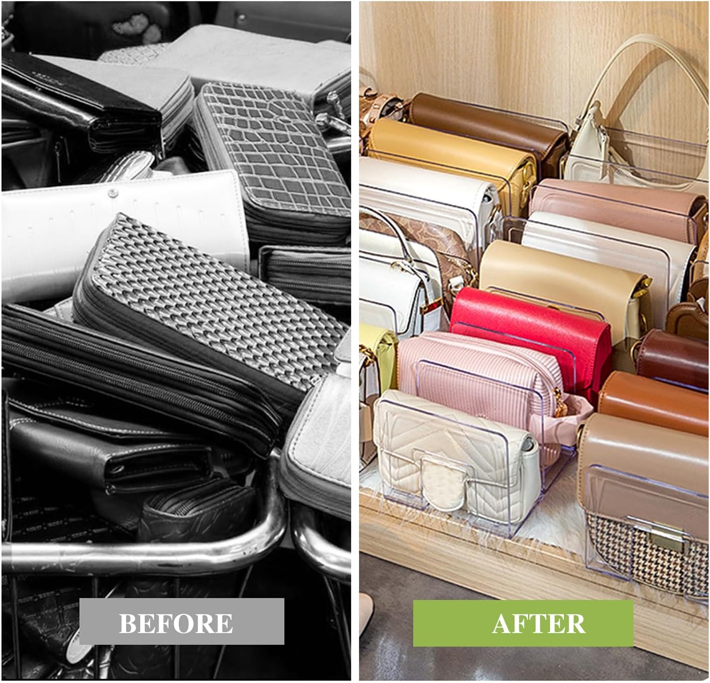 2 Pcs Acrylic Clear Purse Storage Organizers, 4 Sections Dividers in Bedroom Office bright