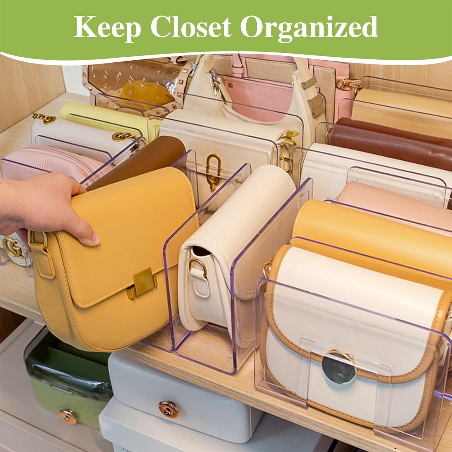 2 Pcs Acrylic Clear Purse Storage Organizers, 4 Sections Dividers in Bedroom Office bright