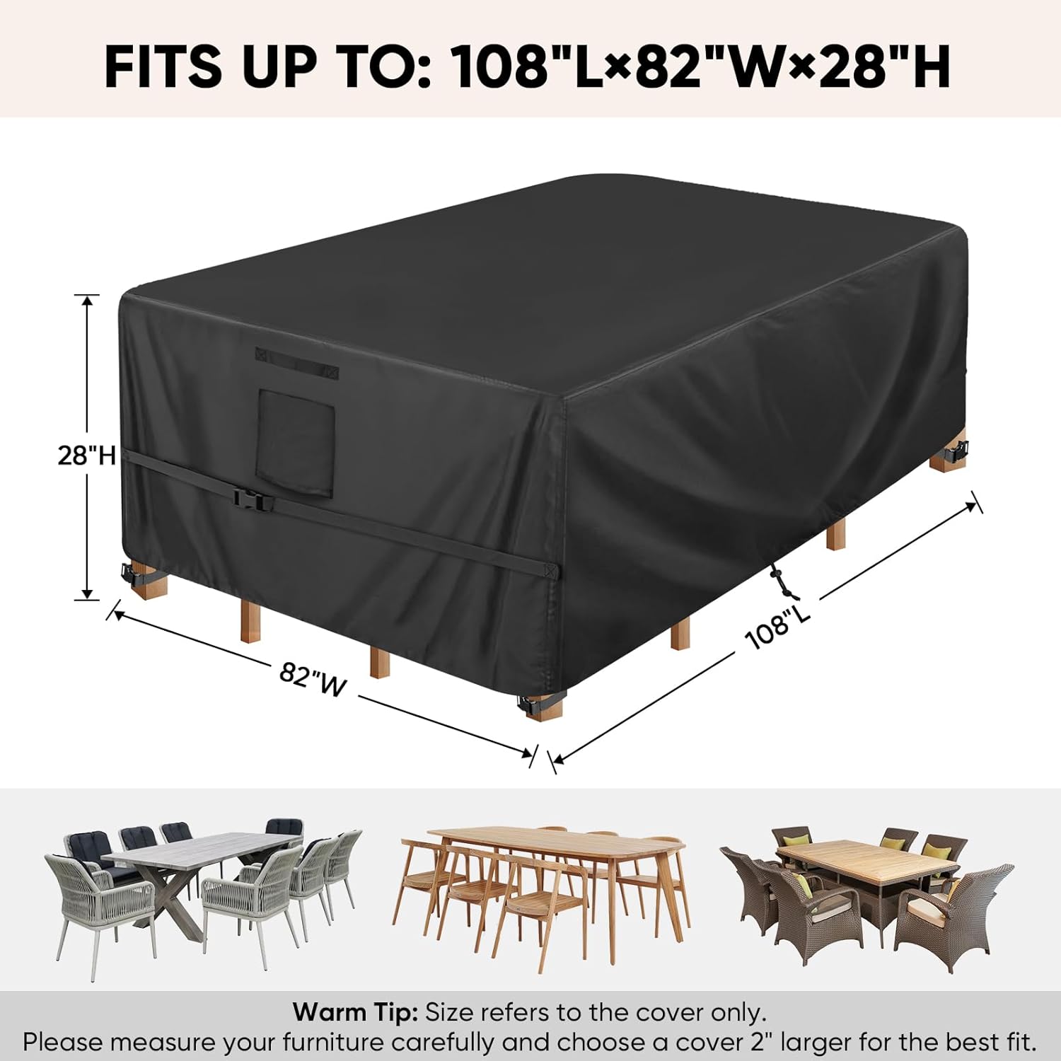 Patio Furniture Covers, Outdoor Furniture Covers Waterproof, Heavy Duty Oxford Patio Table Cover for Outdoor Table, Chair, Sofa, Desk Black, 108"L x 82"W x 28"H