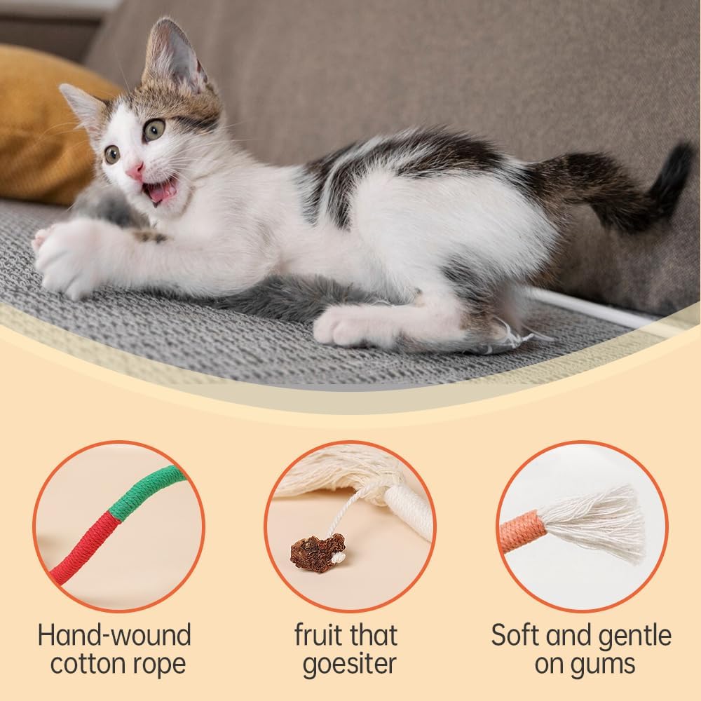 6Pcs Rope Cat Chew Toys, Multi-Color Interactive Cat Toy for 28 Inches, Safe Teeth Cleaning Toy for All Breeds Style A