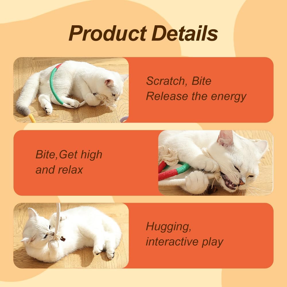 6Pcs Rope Cat Chew Toys, Multi-Color Interactive Cat Toy for 28 Inches, Safe Teeth Cleaning Toy for All Breeds Style A