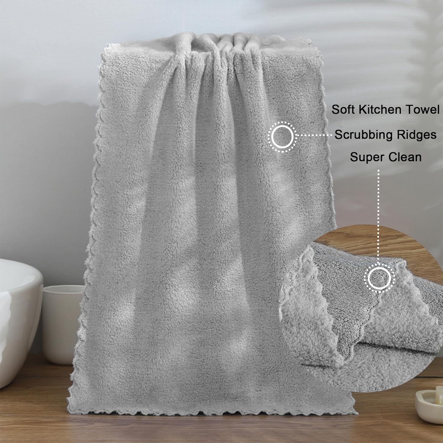 Kitchen Cloth Dish Towels, 13x28 Inches Premium Dishcloths, Super Absorbent Coral Velvet Microfiber Cleaning Cloths, Fast Drying Rags for Washing Dishes 13x28-6 Pack, Grey