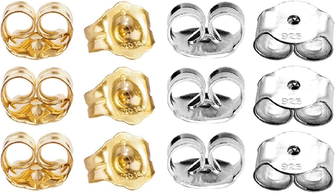 14K Gold 925 Sterling Silver Earring Backs Pierced Earring Backing Hypoallergenic Butterfly Ear Stud Backs for Studs 6 pcs 14K Gold, 6 pcs 925 Sterling Silver