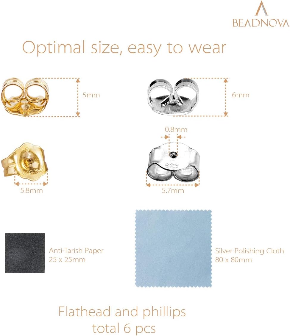 14K Gold 925 Sterling Silver Earring Backs Pierced Earring Backing Hypoallergenic Butterfly Ear Stud Backs for Studs 6 pcs 14K Gold, 6 pcs 925 Sterling Silver