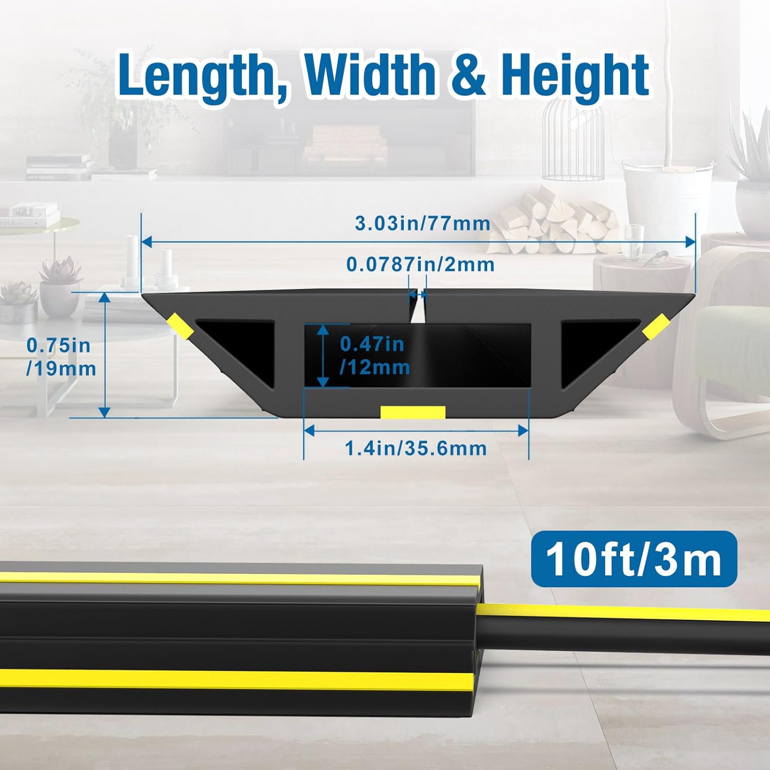 10 ft Floor Cable Cover Protector, Heavy Duty PVC Duct Easy to Unroll, Prevent Trip Hazard for Home Office or Outdoor Settings