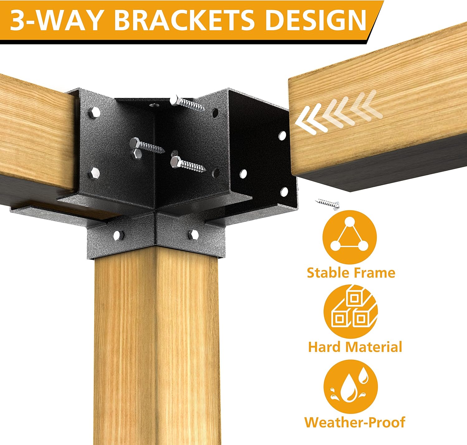 Pergola Kit Corner Brackets for 4x4 3.5inchx3.5inch Wood Posts, Powder Coated Steel Made, 3-Way 90°Angle for Hunting Blind, Deer Stand