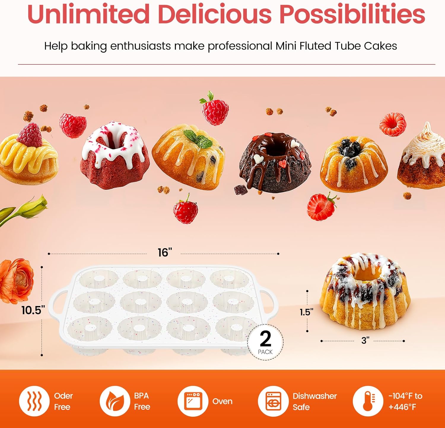 Silicone Mini Fluted Tube Pan with Metal Reinforced Frame, Non-Stick 2PCS , moldes de silicona para gelatina, Small Cake Baking Pan for para chocoflan, Donuts, Cornbread, Brownies, Jellies