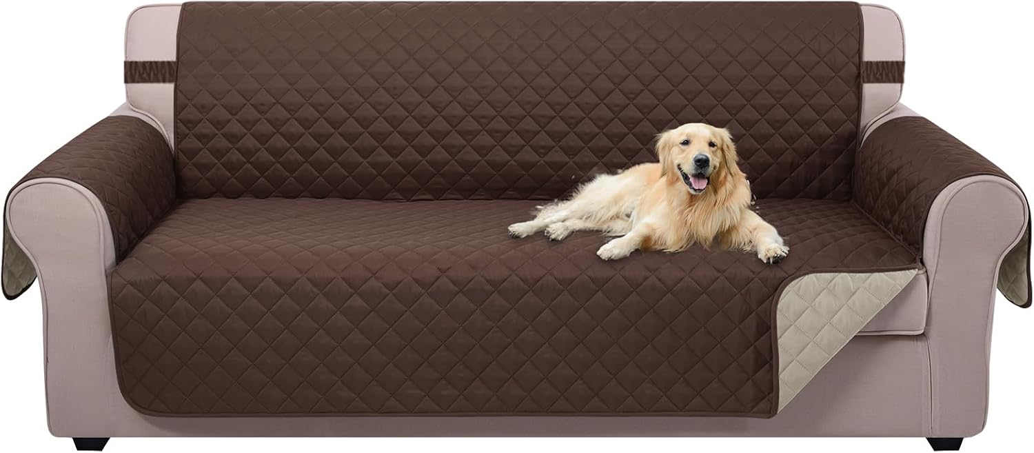 Reversible Sofa Cover Washable Couch Cover for Dogs Friendly with Elastic Straps Water Repellent Furniture Protector for 3 Chion Couch Sofa, Coffee/Beige