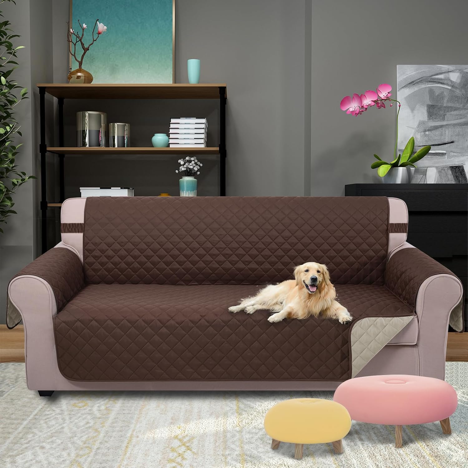 Reversible Sofa Cover Washable Couch Cover for Dogs Friendly with Elastic Straps Water Repellent Furniture Protector for 3 Chion Couch Sofa, Coffee/Beige