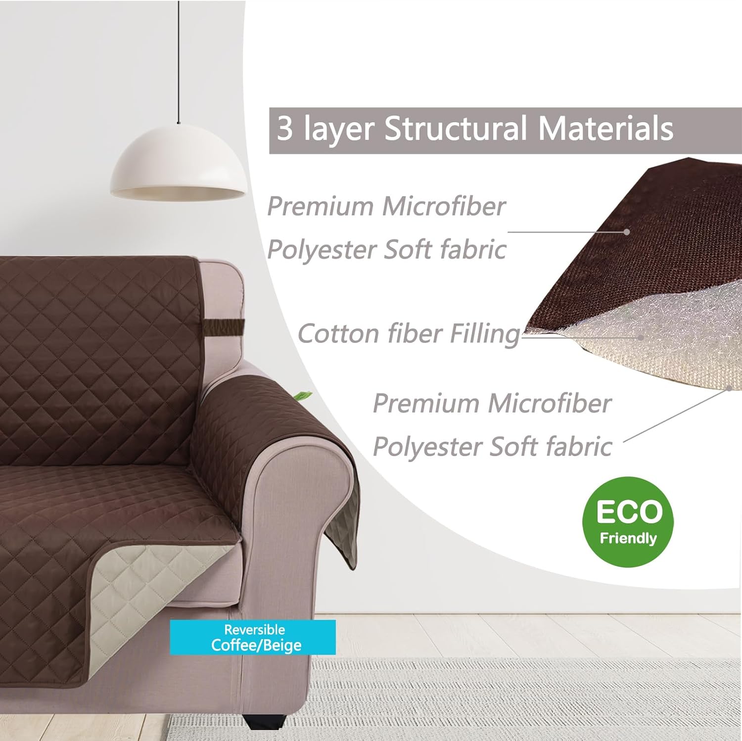 Reversible Sofa Cover Washable Couch Cover for Dogs Friendly with Elastic Straps Water Repellent Furniture Protector for 3 Chion Couch Sofa, Coffee/Beige