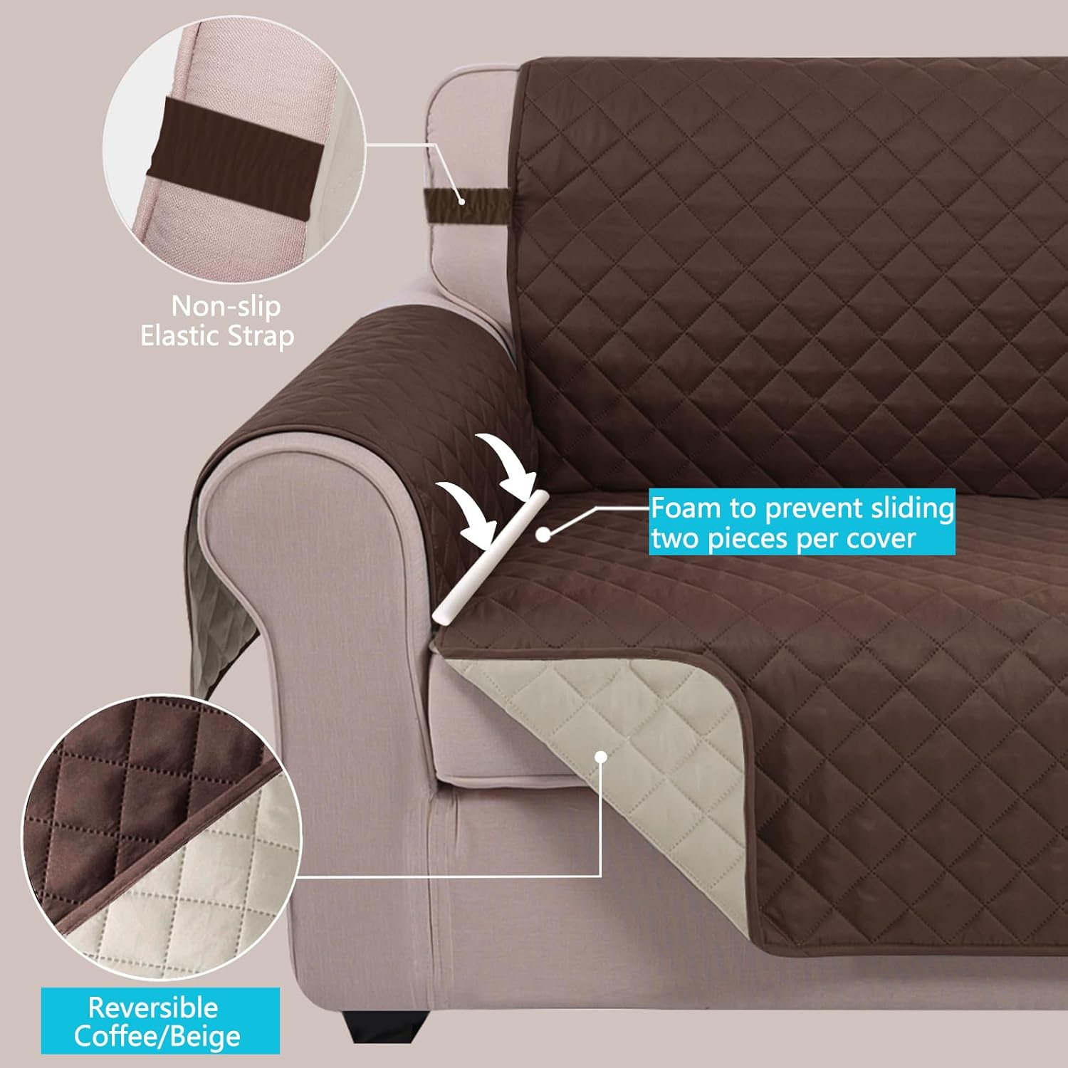 Reversible Sofa Cover Washable Couch Cover for Dogs Friendly with Elastic Straps Water Repellent Furniture Protector for 3 Chion Couch Sofa, Coffee/Beige