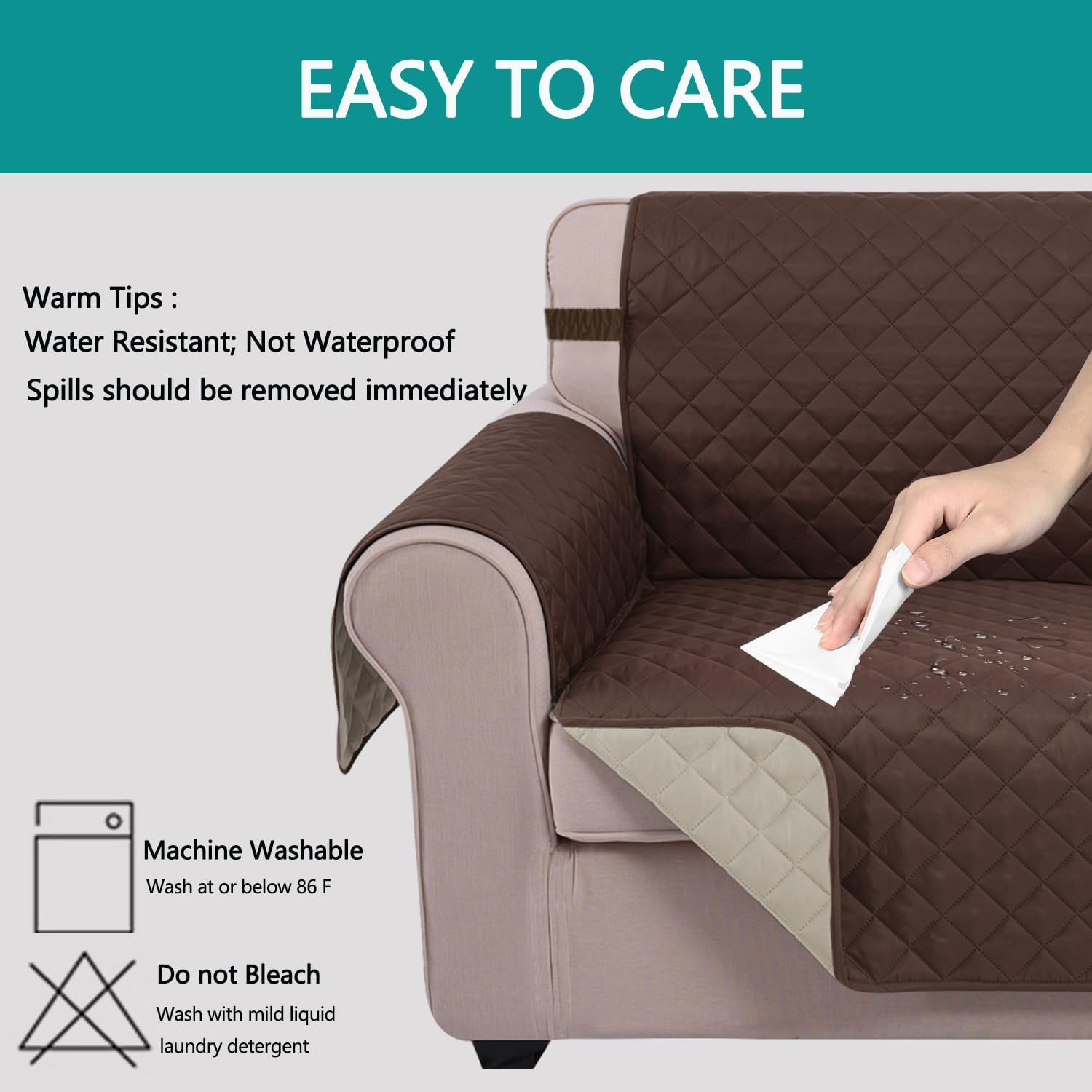 Reversible Sofa Cover Washable Couch Cover for Dogs Friendly with Elastic Straps Water Repellent Furniture Protector for 3 Chion Couch Sofa, Coffee/Beige