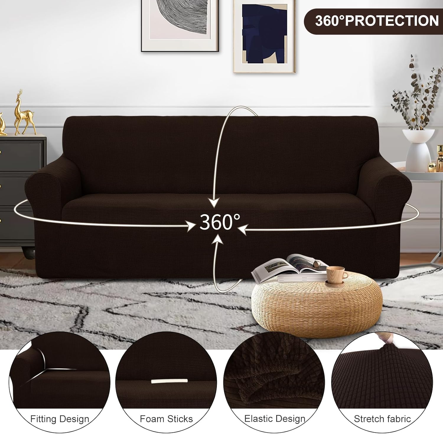 Stretch Couch Cover Sofa Cover Washable Sofa Slipcover Furniture Protector for 3 Chion Couch Sofa Pet Friendly Sofa, Chocolate