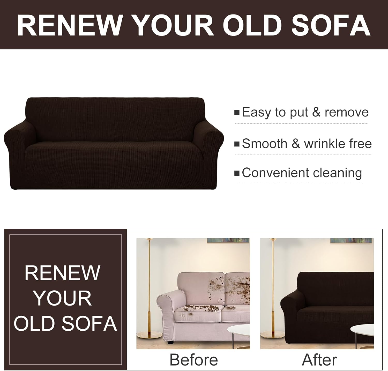 Stretch Couch Cover Sofa Cover Washable Sofa Slipcover Furniture Protector for 3 Chion Couch Sofa Pet Friendly Sofa, Chocolate