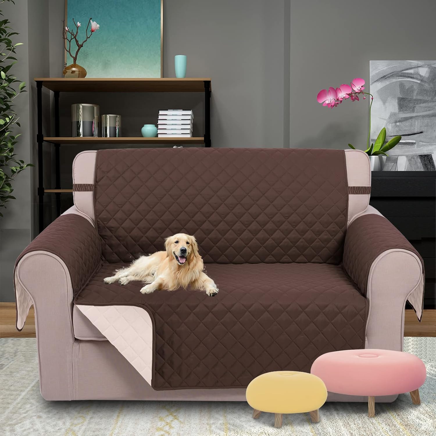 UNICE Home Reversible Sofa Cover Bundle Loveseat Cover Sofa+Loveseat Small, Coffee