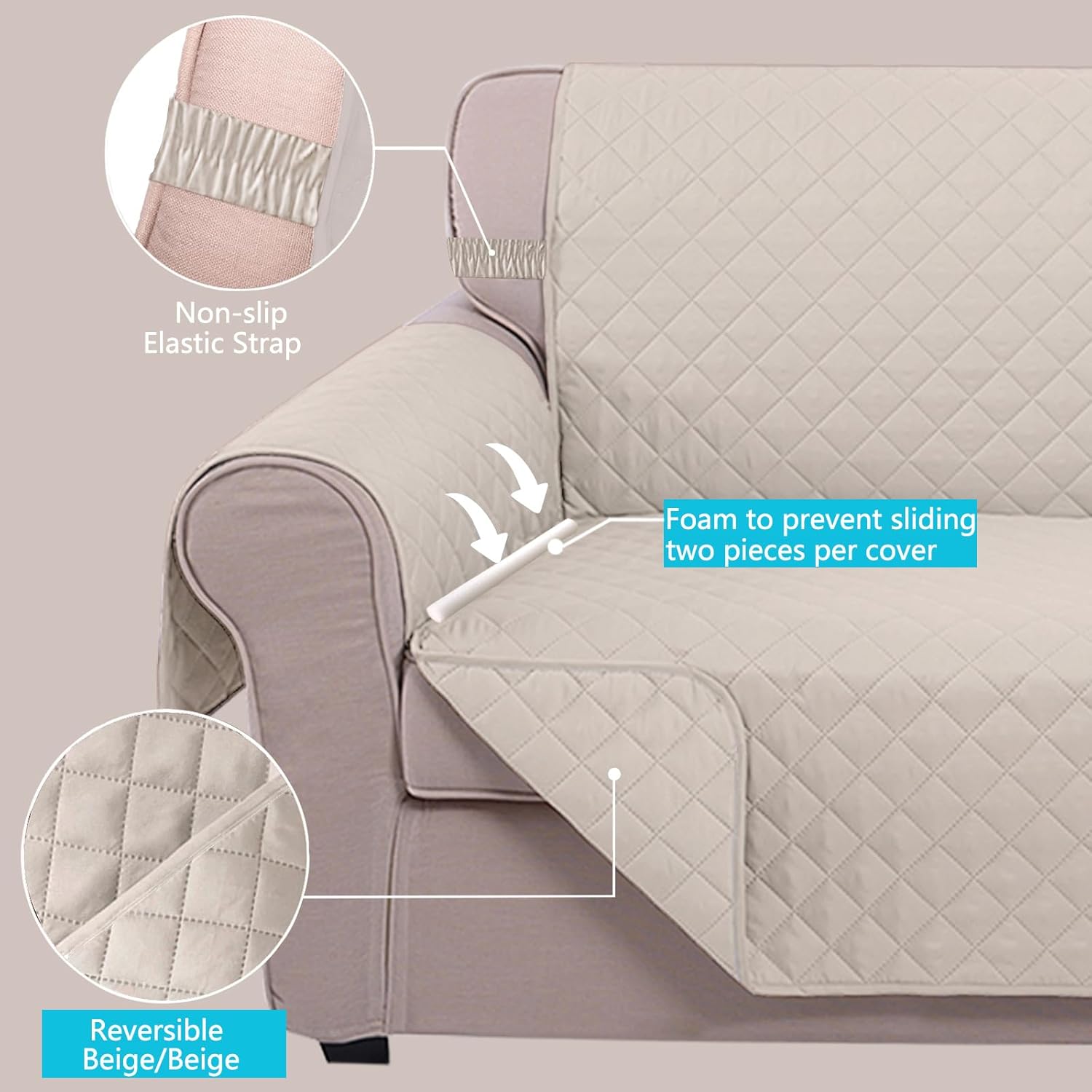 UNICE Home Reversible Sofa Cover Bundle Loveseat Cover Sofa+Loveseat, Beige
