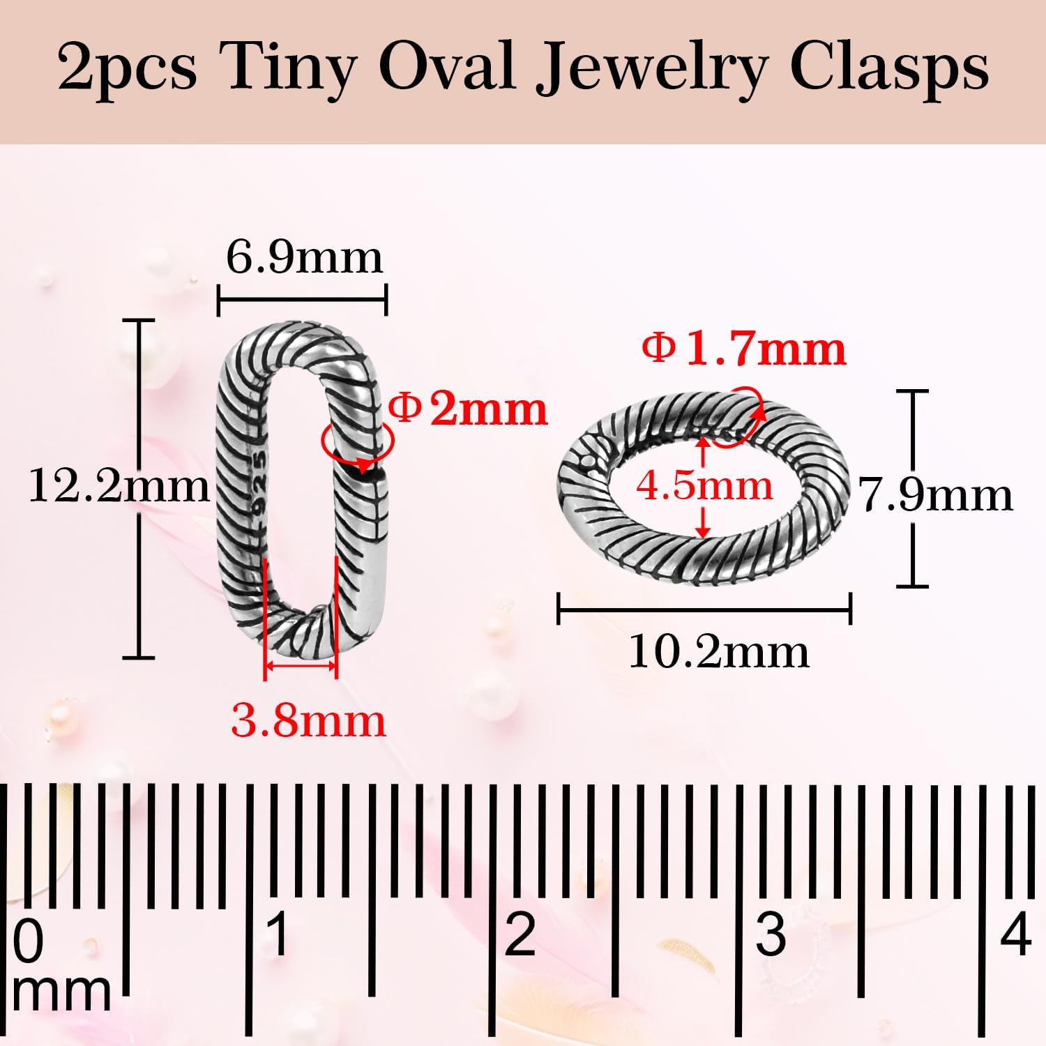 2pcs Tiny 925 Sterling Silver Oval Ring Jewelry Clasps, 2 Size Lobster Clasp Shortener Clip Carabiner Necklace Clasp Connector Clasps Jewelry Making DIY Hardware Replacement