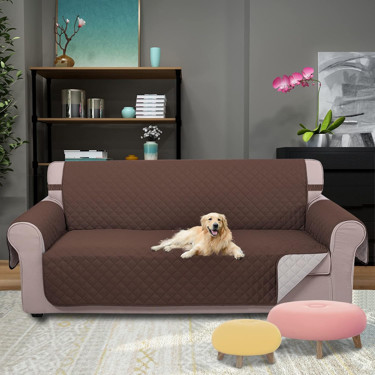 UNICE Home Reversible Sofa Cover Bundle Chair Cover Sofa+Chair, Coffee