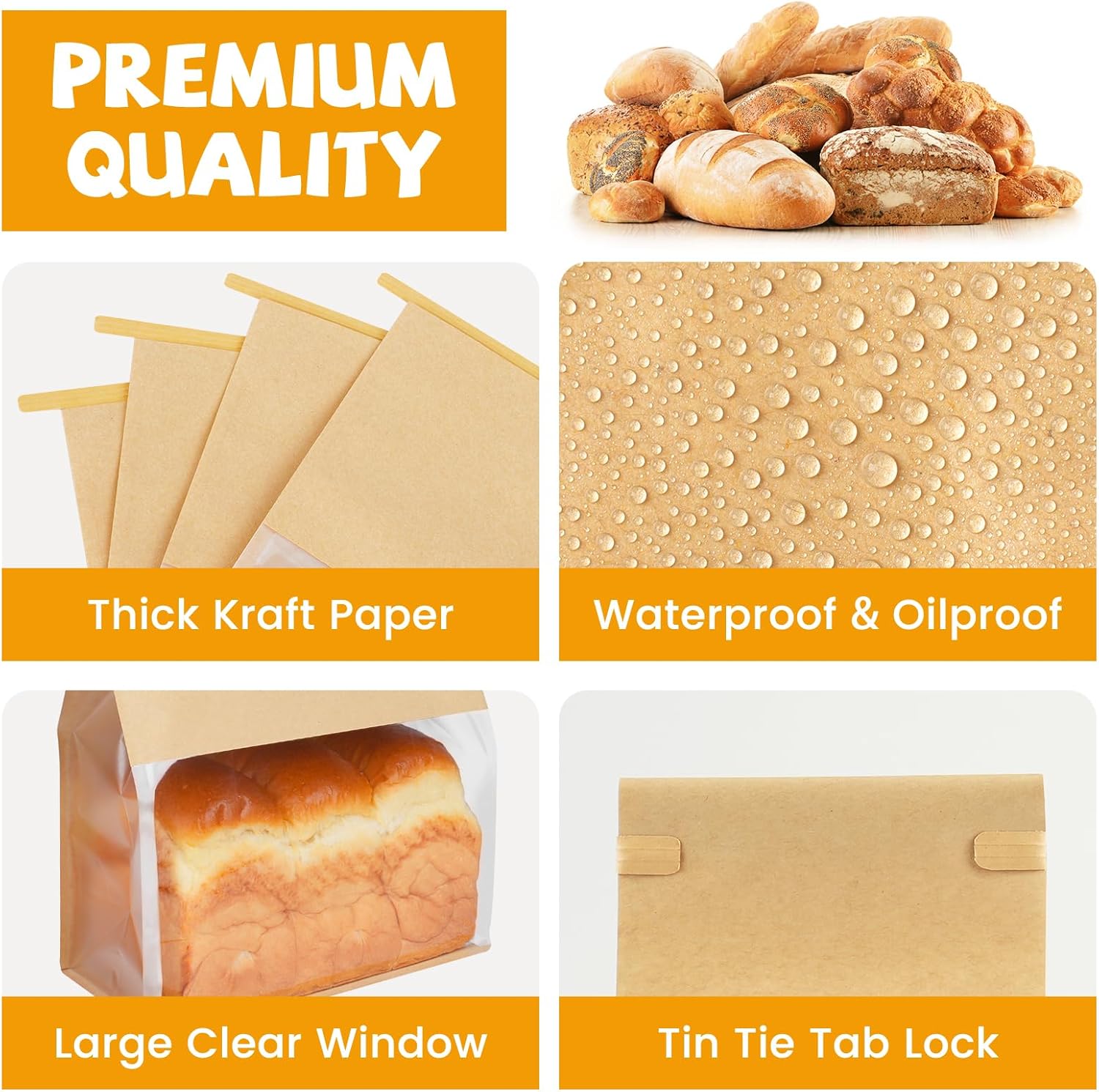 50 Pack Bread Bags with Tabs for Homemade Sourdough Bread, 8.7x4.3x11 Inches Tin Tie Tab Lock Large Paper Bakery Packaging Bags with Window for Gifting & Bake Sale | Thick Material, Grease Resistant, Self Standing